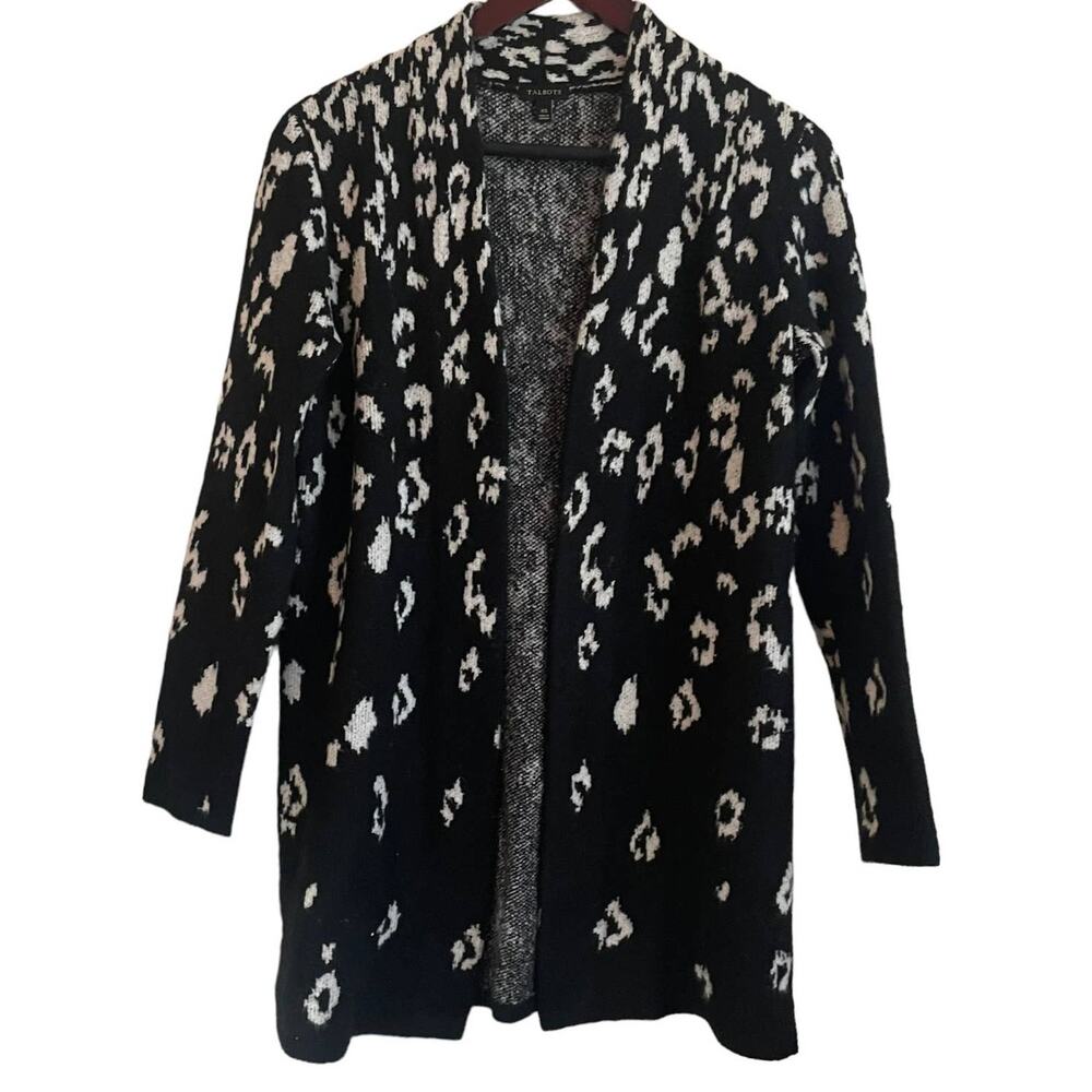 Talbots Women Cardigan Sweater XS Black White Open Front Long Line Cozy Office